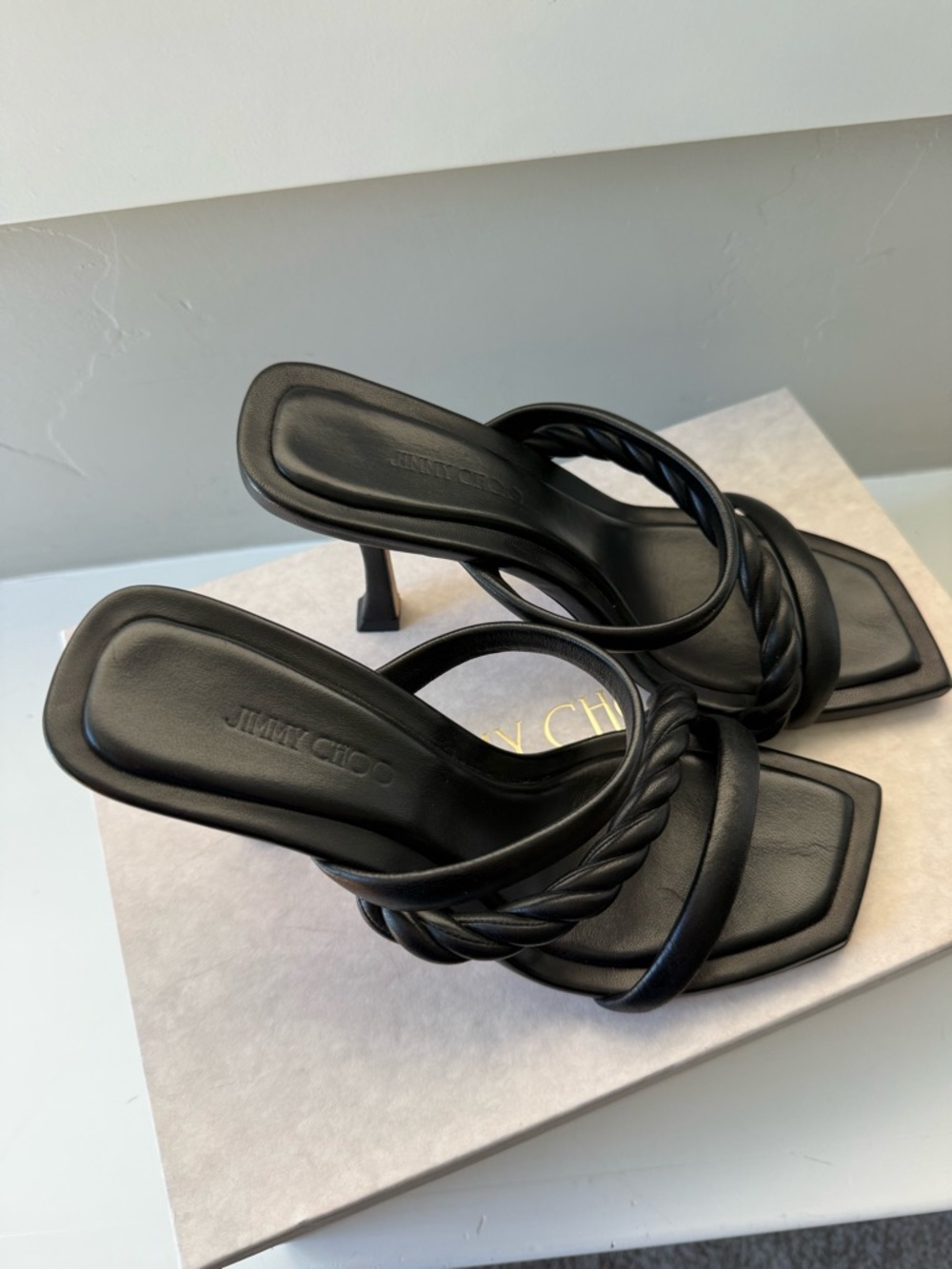 Jimmy Choo Black Twisted-Strap Square Toe Heeled sandals size 38 - Picture 5 of 9